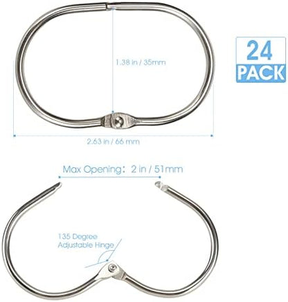 Goowin 24 Pcs Shower Curtain Rings, Shower Curtain Hooks, Oval Snap Shower Rings for Curtain, Metal Shower Curtain Rings Rust Proof, Glide Smoothly Shower Hooks for Shower Curtain Rod (Nickel)