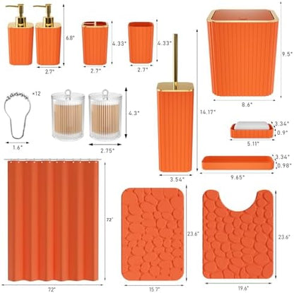 XLHOMO Bathroom Accessories Set - 25PC Bathroom Sets with Shower Curtain and Rugs, Orange Bathroom Accessories with Trash Can, Soap Dispenser, Soap Dish & Toilet Brush