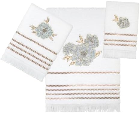 Nicole Miller – Fingertip Towels, Ringspun Cotton Terry with Embroidered Floral Detail, Striped Trim with Brush Fringe, Set of 2 (Camille)