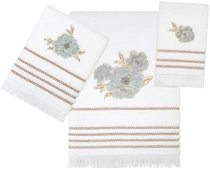 Nicole Miller – Fingertip Towels, Ringspun Cotton Terry with Embroidered Floral Detail, Striped Trim with Brush Fringe, Set of 2 (Camille)