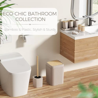 Bathroom Accessories Set - Beige Bathroom Set with Shower Curtain and Rugs, Trash Can, Toilet Brush with Holder, Soap Dispenser, Toothbrush and Toothpaste Holder, Cup, Soap Dish, Qtip Holders, Tray