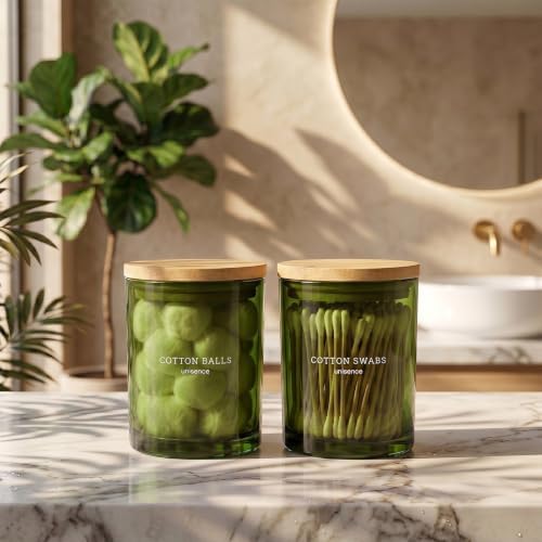 2 Pack Glass Qtip Holder Dispenser Set - Q Tip Holder for Bathroom Canister Qtip Dispenser with Lid for Cotton Balls, Swabs, Floss Picks, and Makeup Sponges ,Olive Green,Large Capacity