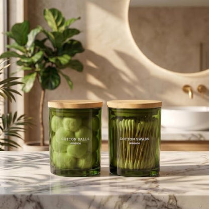 2 Pack Glass Qtip Holder Dispenser Set - Q Tip Holder for Bathroom Canister Qtip Dispenser with Lid for Cotton Balls, Swabs, Floss Picks, and Makeup Sponges ,Olive Green,Large Capacity