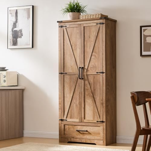 JXQTLINGMU Farmhouse Kitchen Pantry Cabinet - 72" Tall Wood Kitchen Storage Cabinets with Adjustable Shelves & 2 Barn Doors & Drawer, Versatile Storage for Dining Room, Bathroom, Light Walnut