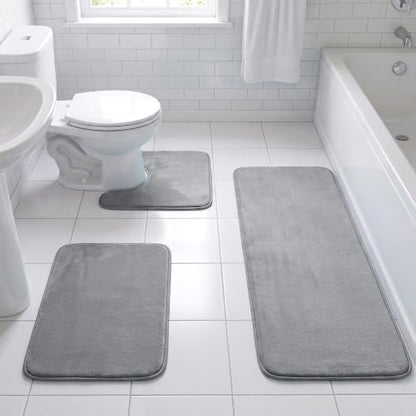 H.VERSAILTEX Bath Mat Memory Foam Set Bathroom Rug Set Flannel Velvety Extra Soft and Absorbent Non Slip Rugs for Bathroom/Bedroom Washable(47"x 17" + 17"x 24" + 20"x 24"U-Shaped, Grey)