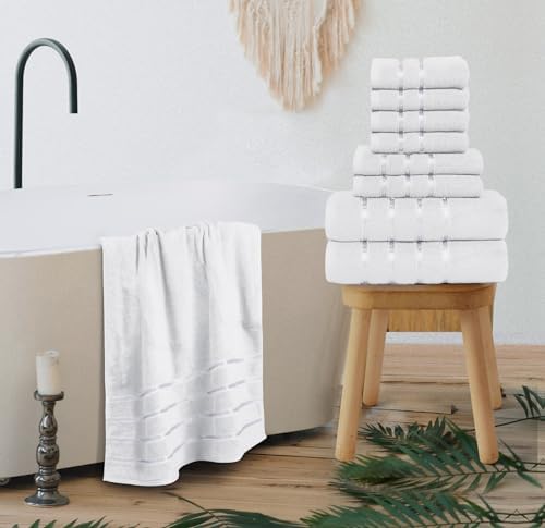 Luxury Towels for Bathroom Set of 8-2 Bath Towels 2 Hand Towels 4 Washcloths - 600 GSM 100% Cotton Ring Spun Viscose Border Towels Set - White
