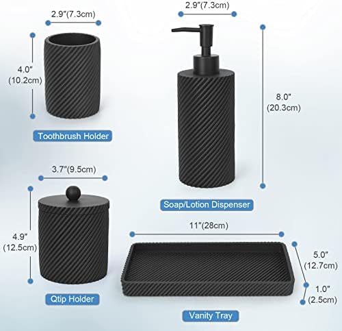 Black Bathroom Accessories Set 4 Pcs - Toothbrush Holder,Lotion Soap Dispenser,Qtip Holder Dispenser,Vanity Tray for Countertop Vanity Organizer,Bathroom Accessory Set