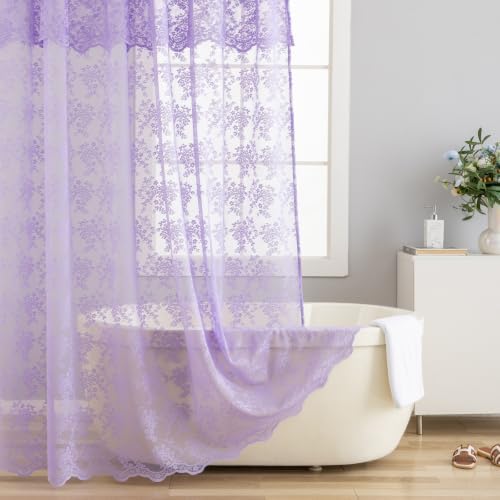 Purple Lace Shower Curtain, Scalloped Edge with Attached Valance 72x72