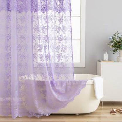 Purple Lace Shower Curtain, Scalloped Edge with Attached Valance 72x72