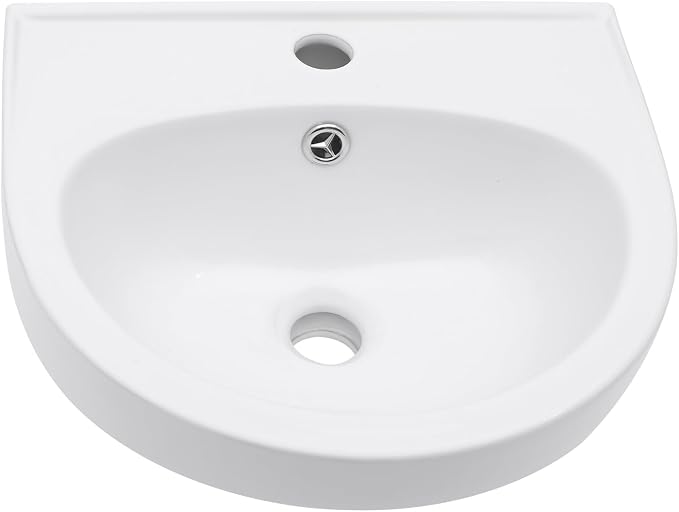 Wall Mount Bathroom Vessel Sink Space Saving | Beslend 16"x14" Inch White Ceramic Vessel Sink, Semi-Circular Bowl White Art Basin with Overflow and Single Hole