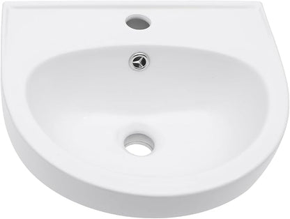 Wall Mount Bathroom Vessel Sink Space Saving | Beslend 16"x14" Inch White Ceramic Vessel Sink, Semi-Circular Bowl White Art Basin with Overflow and Single Hole