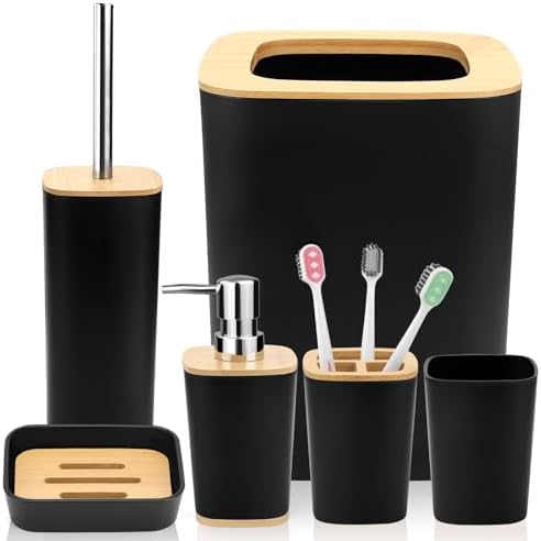 Hommtina Bamboo Bathroom Accessory Set, 6 Pcs Bathroom Essential Includes Toothbrush Cup, Toothbrush Holder, Soap Dispenser, Soap Dish, Toilet Brush with Holder, Trash Can (Black Square)