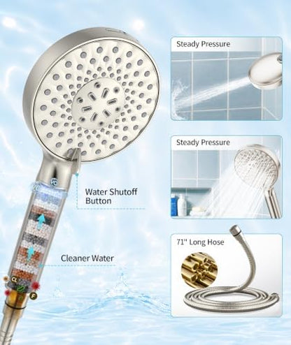 SR SUN RISE Filtered Shower Head with Handheld High Pressure 9 Spray Mode Showerhead Detachable Shower Head Water Softener Filters Beads for Hard Water Remove Chlorine 1 Filter 1.8GPM Brushed Nickel