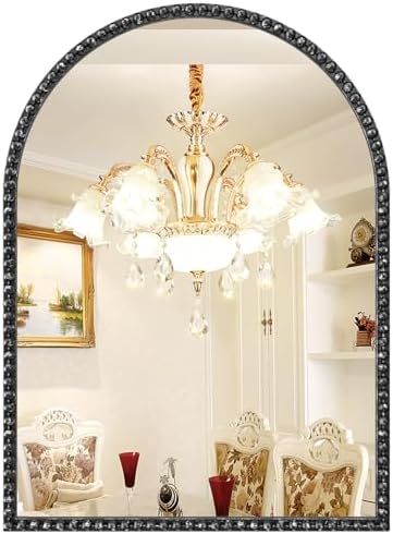Black Arched Mirror, 24"x36" Beaded Arch Wall Mirror for Bathroom