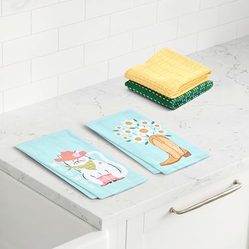 Ritz 4-Piece Kitchen Towel Set, Meowdy Cat & Daisy Boot Prints with Pine Green & Yellow Textured Terry, 100% Cotton & Absorbent Blend, 16" x 26", Western Boho Coastal Cowgirl Decor
