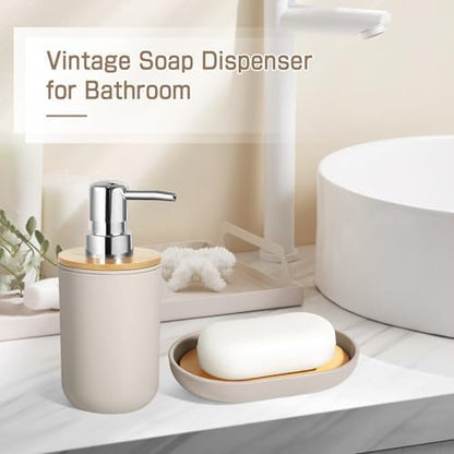 Bathroom Accessories Set 5 Pcs, Plastic Beige Bathroom Decor, Soap Dispenser and Toothbrush Holder Set, Soap Dish, Cotton Swab Jar, Bathroom Set, Boho Bathroom Organizer Accessory