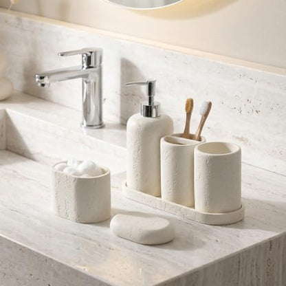 Bathroom Accessories Set, 5PCS, Travertine Stone Look, Off White