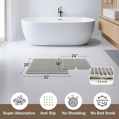 JIUZHEN Set of 2 Waffle Bath Mats Boho Bath Rugs 16"x24"+20"x32", Grey
