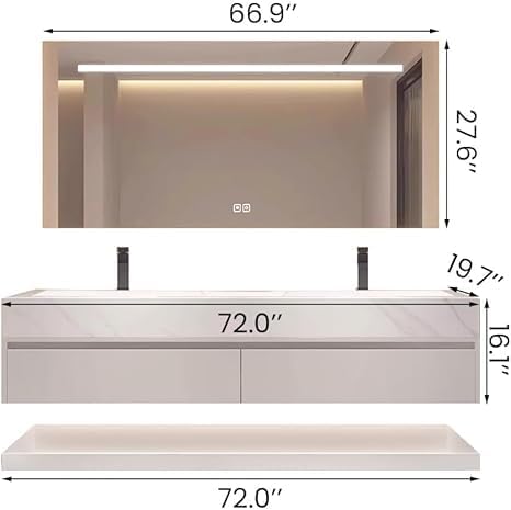 Bathroom Vanity with Sink, Single Sink Bathroom Vanity with Smart LED Defog Mirror, Display Time, Ceramic Sink, Soft Closing, Fully Pre-Assembled (White, 72in Mirror Double Sink)