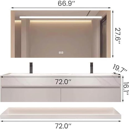 Bathroom Vanity with Sink, Single Sink Bathroom Vanity with Smart LED Defog Mirror, Display Time, Ceramic Sink, Soft Closing, Fully Pre-Assembled (White, 72in Mirror Double Sink)