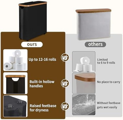 Toilet Paper Storage Basket with Lid - The Ultimate Bathroom Organizer, Free Standing Toilet Paper Holder for Up to 12 Mega Rolls, Toilet Tissue Storage Bin with Handle for RV Closet, Black