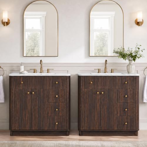 T4TREAM 72" Fluted Bathroom Vanity with 2 Single Sinks, Dark Walnut