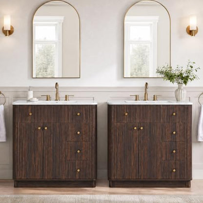 T4TREAM 72" Fluted Bathroom Vanity with 2 Single Sinks, Dark Walnut
