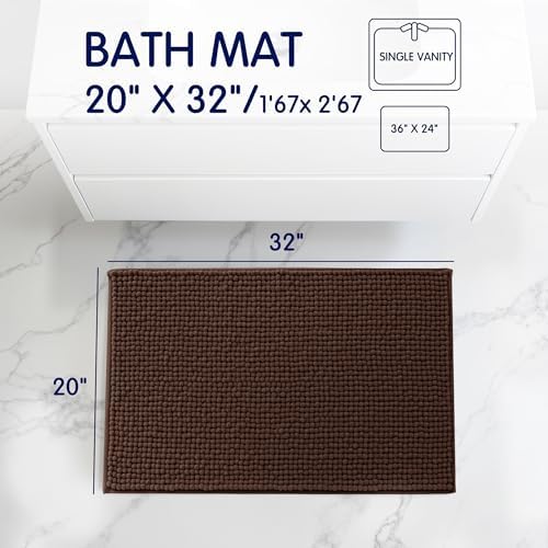 SUBRTEX Bathroom Rugs, 20" x 32" Chenille Bath Rug Soft Short Plush Bath Mat Soft Shower Mat Water Absorbent Shower Mat Quick Dry Machine Washable, Chocolate