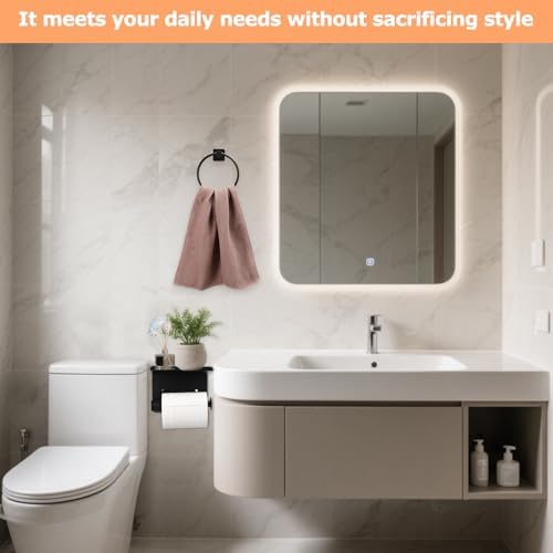 Matte Black Bathroom Hardware Set, Stainless Steel Wall Mounted Towel Hooks, Ring & Oversized Toilet Paper Holder with Shelf, Modern Home Accessories for Bathroom, Washroom, Kitchens and RVs