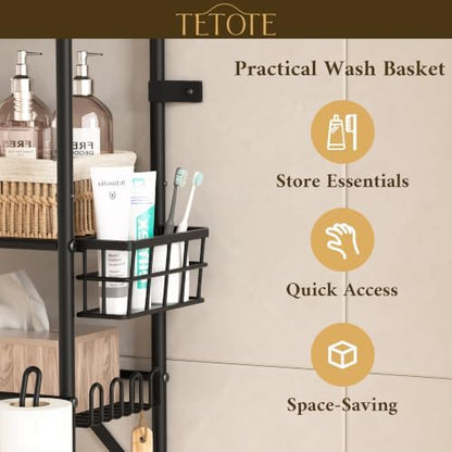 TETOTE Over The Toilet Storage Rack, 3-Tier Bathroom Organizer Shelf Over Toilet with Toilet Paper Roll Holder, Freestanding Metal Rack, Black