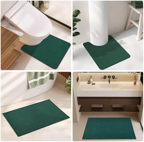 TYUU Bathroom Rugs Non Slip Washable, Super Absorbent Thin Bath Mat Quick Dry Low Pile Bathroom Rug, Dark Green 20"x48"