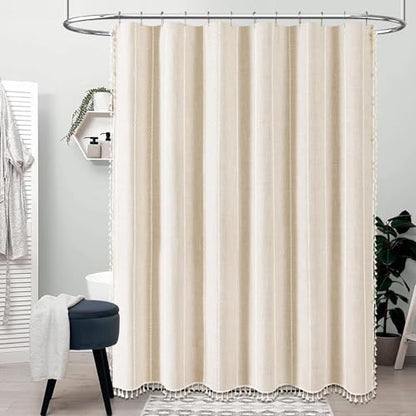 BTTN 72 x 90 Boho Linen Heavy Duty Cloth Shower Curtain Set, Cream/Beige