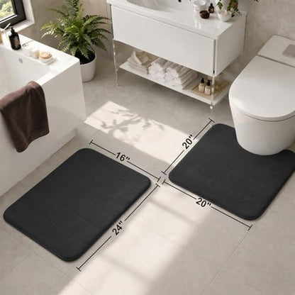 Memory Foam Bathroom Rugs Sets 2 Piece, Extra Soft Absorbent Quick Dry Bath Mat Set, with U-Shaped Toilet Rug, Machine Washable Non Slip Bath Rugs for Bathroom, Shower and Tub, Black
