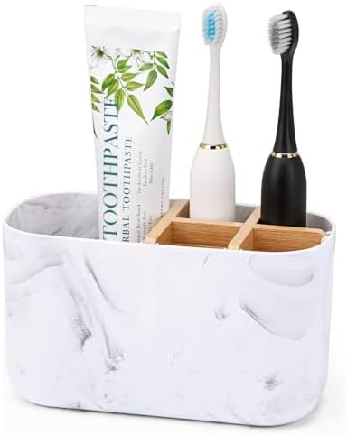 GFWARE Toothbrush Holders for Bathrooms, 5 Slots Bamboo Toothbrush Holder Kids Electric Toothbrush Holder and Toothpaste Holder for Bathroom Countertop Accessories Storage, Marble Toothbrush Organizer