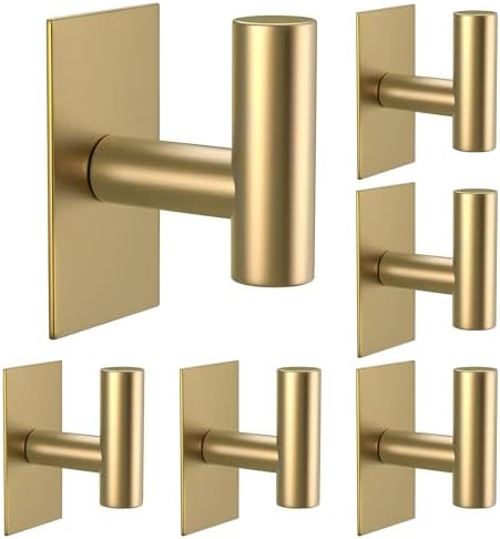 VAEHOLD Wall Towel Hooks, Heavy Duty Sticky Holder Waterproof Towel Hooks for Hanging Coat, Clothes, Closet Hook Wall Mount for Kitchen (Gold, 6 Pack)