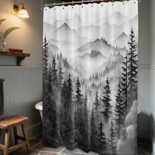 Black and White Forest Shower Curtain, 60X72 in, Mens Mountain Nature