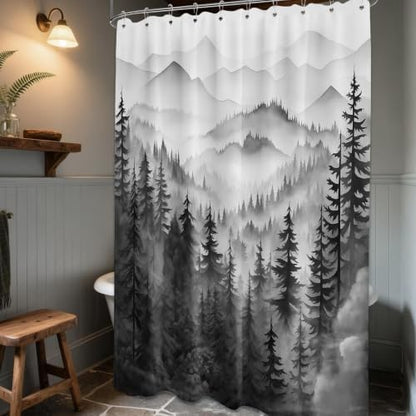 Black and White Forest Shower Curtain, 60X72 in, Mens Mountain Nature
