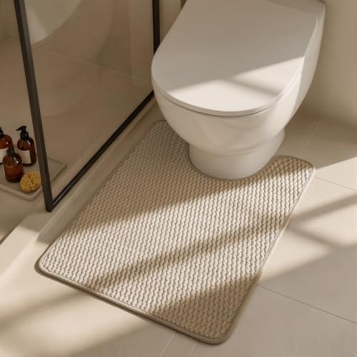 Triohero Toilet Rug, Thin Toilet Rugs U Shaped Washable Non Slip Absorbent Quick Dry Low Pile Toilet Mat, Beige 20x24 U Shape