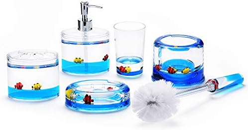 Locco Decor 5 Piece Acrylic Liquid 3D Floating Motion Bathroom Vanity Accessory Set Ocean Cartoon Animal Theme Nimo Fish Toothbrush Holder, Tumbler, Soap Dispenser, Soap Dish, Toiletbrush Holder Set