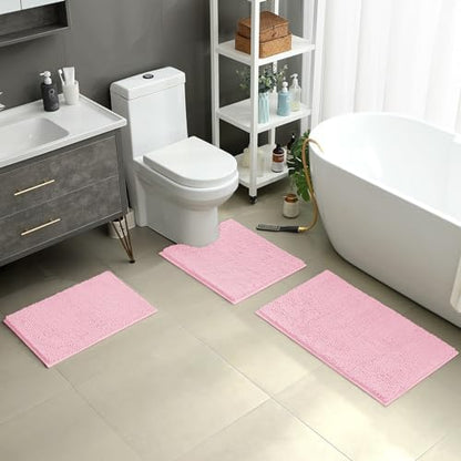 HOMEIDEAS Light Pink Chenille Bathroom Rugs Set of 3, Non Slip Bath Mat