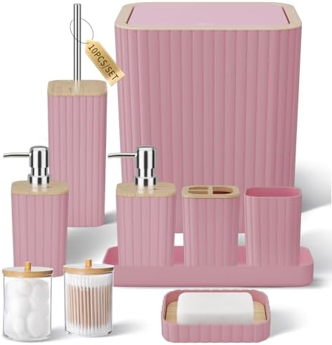 XLHOMO Bathroom Accessories Set - Elegant Pink Bathroom Set, 10PC Bathroom Accessory Set, Toilet Brush, Bathroom Trash Can