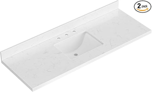 ARIEL 60 inch Bathroom Vanity top with Sink, 1.5 Inch Thick Miter Edge Carrara White Quartz top, Rectangle Single Porcelain Sink, Includes Backsplash