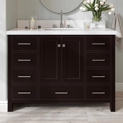 ARIEL Cambridge 48-inch Bathroom Vanity with Sink,Solid Wood, 1.5-inch Pure White Quartz Countertop, Single Rectangular Porcelain Sink, 2 Soft Closing Doors, 9 Dovetail Drawers, Espresso