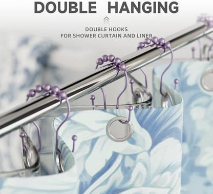 Bathway Shower Curtain Hooks, Shower Curtain Rings Rust Proof Double Hook Shower Curtain Hooks, 12 Pcs Purple Shower Hooks for Shower Curtain, Shower Rings for Curtain, Metal Shower Rod Hooks