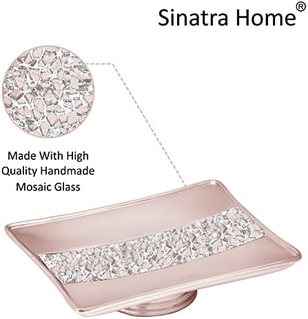 Zahari Home 4pc Sinatra Stylish Bathroom Accessories Set Liquid Soap Dispenser, Tumbler, Tooth Brush Holder and Soap Dish Modern Classic Luxury Decor Bling Mosaic Glass Blush Bathroom Accessories