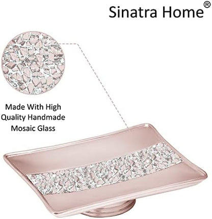 Zahari Home 4pc Sinatra Stylish Bathroom Accessories Set Liquid Soap Dispenser, Tumbler, Tooth Brush Holder and Soap Dish Modern Classic Luxury Decor Bling Mosaic Glass Blush Bathroom Accessories