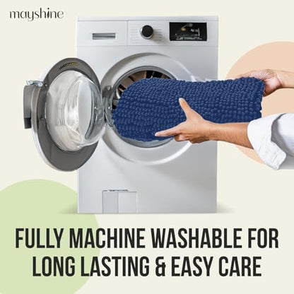 Standard 3pc Set Chenille Bath Mats, Includes 21"x24" U-Shaped Contour Toilet Rug, 21"x34" Inches Bathmat and 1 Toilet Lid Cover, Plush Absorbent Bath Mats Quick Dry, Dark Blue