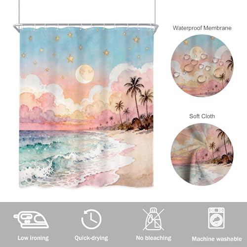Ocean Blue Sea Watercolor Cloud Pink Waves Bathroom Shower Curtain Set