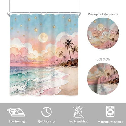 Ocean Blue Sea Watercolor Cloud Pink Waves Bathroom Shower Curtain Set