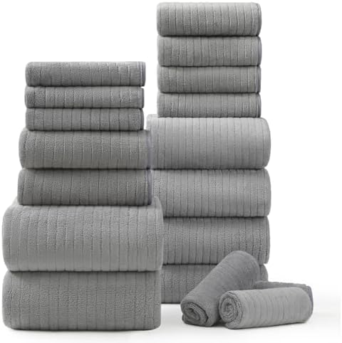 18 Piece Bath Towels Set,Ultra Soft Family Bathroom Towel Set with Hanging Loops-6 Bath Towels,6 Hand Towels,6 Washcloths,Highly Absorbent Quick Dry Shower Towel for Bathroom,Hotel,Spa-Grey Towel Set